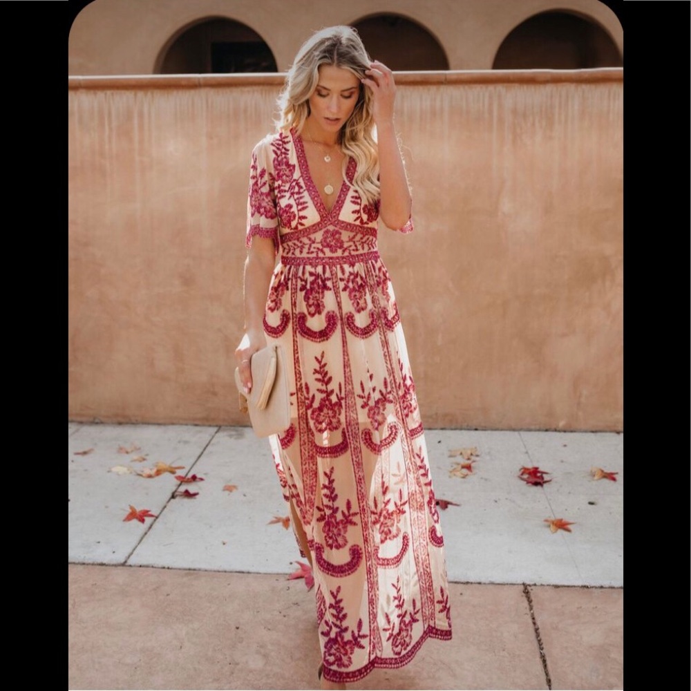 Vici glamour honey punch floral lace maxi dress mesh red burgundy embroidered xs